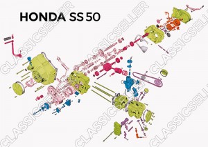 Honda SS 50 Schnittzeichnung Explosionszeichnung Motor Poster Plakat Bild
